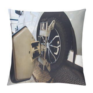 Personality  A Car On The Car Steering Wheel Balancer And Calibrate With Laser Reflector Attach On Each Tire To Center Driving Adjust In The Garage. Pillow Covers