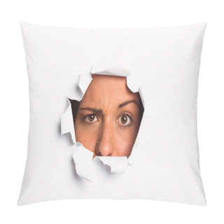 Personality  Young Woman Looking Through Paper Rip Pillow Covers