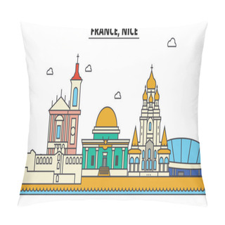 Personality  France, Nice. City Skyline: Architecture, Buildings, Streets, Silhouette, Landscape, Panorama, Landmarks. Editable Strokes. Flat Design Line Vector Illustration Concept. Isolated Icons Set Pillow Covers