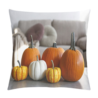 Personality  Bunch Of Classic Orange, Hooligan And Baby Boo Pumpkins On Marble Textured Table As A Symbol Of Autumnal Holidays With A Lot Of Copy Space For Text. Living Room Interior Background, Close Up. Pillow Covers