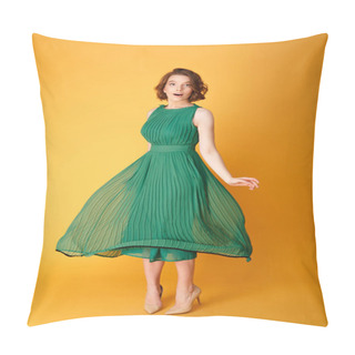 Personality  Young Beautiful Woman In Green Dress Isolated On Orange Pillow Covers