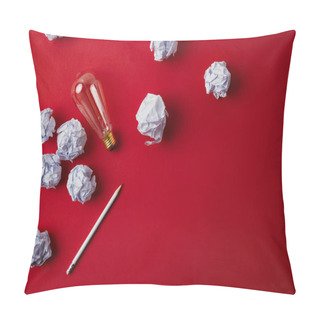 Personality  Top View Of Crumpled Papers With Light Bulb And Pencil On Red Surface Pillow Covers