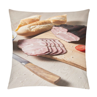 Personality  Selective Focus Of Tasty Ham On Cutting Board With Knife, Cherry Tomato, Olives And Baguette On Wooden Table Pillow Covers