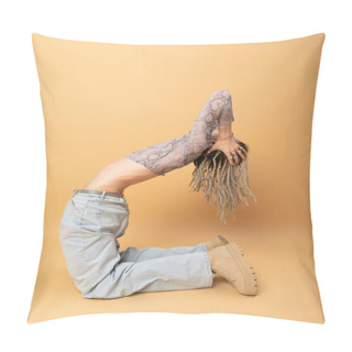 Personality  Flexible Queer Person With Dreadlocks Posing On Yellow Background  Pillow Covers