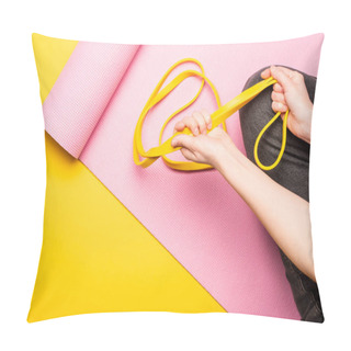 Personality  Cropped View Of Woman Sitting With Resistance Band On Pink Fitness Mat On Yellow Background Pillow Covers