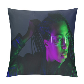 Personality  African American Woman In Smart Glasses Posing Isolated On Dark Blue  Pillow Covers
