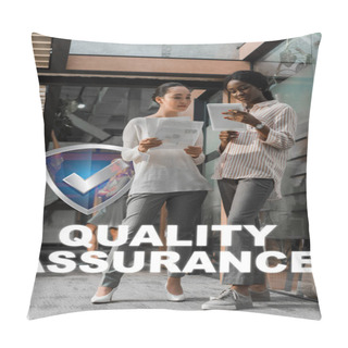 Personality  Concentrated African American And Asian Businesswomen With Digital Tablet And Documents Standing In Office With Multicultural Colleagues On Background, Quality Assurance Illustration Pillow Covers