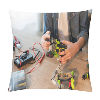 Personality  Cropped View Of Preteen Child Holding Robotic Model Near Blurred Screws And Millimeter At Home  Pillow Covers