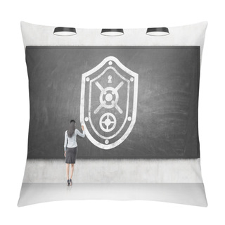 Personality  A Woman Drawing A Shield Resembling A Safe Door On The Blackboard, Four Black Lamps Above. Pillow Covers
