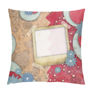 Personality  Scrapbook Layout In Blue, Magenta And Brown Colors With Photo Frame And Flo Pillow Covers