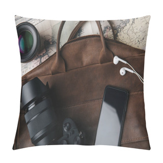 Personality  Top View Of Brown Leather Bag With Photo Camera, Lens, Smartphone And Earphones On Map Pillow Covers