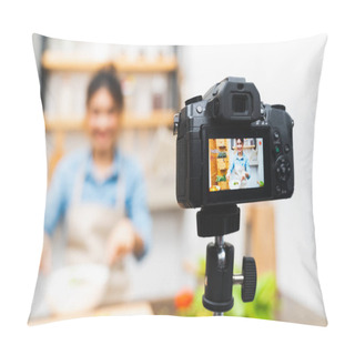 Personality  Young Cute Asian Blogger Girl Recording Video Tutorial Session Of Salad Cooking Lesson At Home Kitchen. Food Blogging Or Vlogging, Social Media Hobby Broadcasting, Or Online Learning Course Concept Pillow Covers