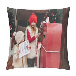 Personality  Two Sisters Write A Letter To Santa Claus, Go To The Post Office And Drop The Letter Into The Mailbox. Pillow Covers