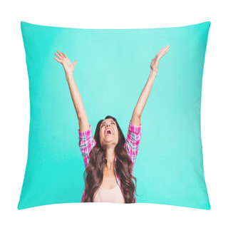 Personality  Portrait Of Her She Nice Cool Attractive Cheerful Cheery Optimistic Wavy-haired Lady Wearing Checked Shirt Lottery Winner Great Best Luck Isolated Over Teal Turquoise Bright Vivid Shine Background Pillow Covers