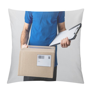 Personality  Cropped View Of Courier Holding Clipboard And Cardboard Box Isolated On Grey Pillow Covers