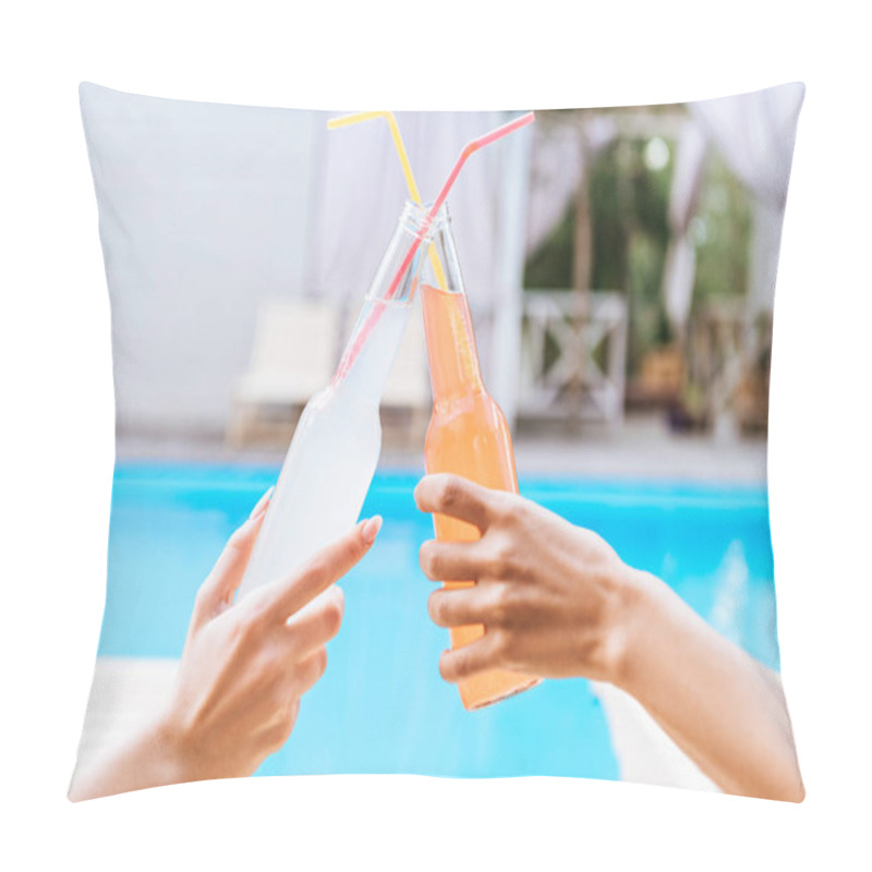 Personality  Close-up Partial View Of Young Women Clinking Bottles Of Summer Drinks While Resting At Poolside Pillow Covers