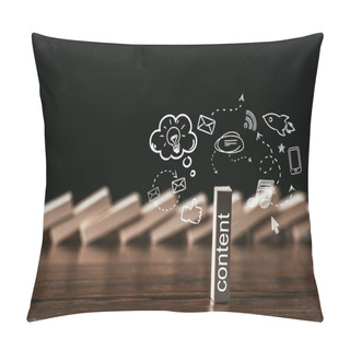 Personality  Selective Focus Of Wooden Brick With Word 'content' And Icons Isolated On Black Pillow Covers
