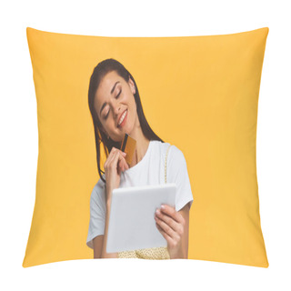 Personality  Cheerful Young Woman Looking At Digital Tablet Isolate Don Yellow Pillow Covers