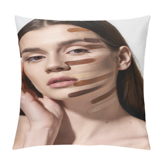 Personality  Refined Young Woman Showcasing Beauty Products Like Foundation. Pillow Covers