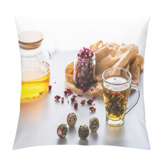 Personality  Dried Rose Buds In Jar, Cup Of Chinese Flowering Tea With Tea Balls On White Tabletop Pillow Covers