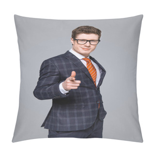 Personality  Successful Stylish Businessman Smiling And Pointing At You Isolated On Grey Pillow Covers