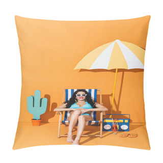 Personality  Happy Woman In Swimwear And Sunglasses Sitting On Deck Chair Near Cocktail, Flip Flops, Paper Boombox And Cactus On Orange Pillow Covers