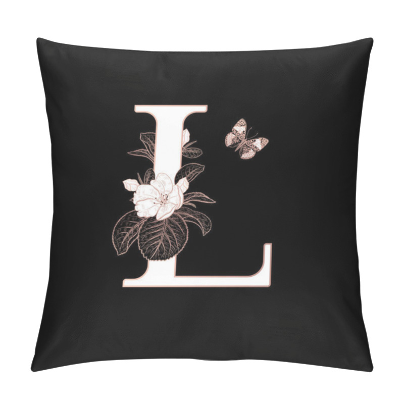 Personality  Letter L, flowers flowering sakura branches and butterfly isolated. Vector decoration. Black, white and gold. Vintage illustration. Floral pattern for greetings, wedding invitations, text design. pillow covers