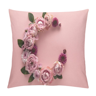 Personality  Top View Of Blooming Spring Flowers Arranged As Letter C On Pink Background Pillow Covers