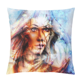Personality  Painting Mighty Lion Head On Ornamental Background And Mystic Woman Face, Computer Collage. Pillow Covers