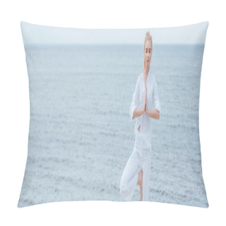 Personality  Panoramic Shot Of Young Blonde Woman With Closed Eyes Practicing Yoga  Pillow Covers