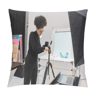 Personality  African American Content Producer Connecting Digital Camera To Laptop In Modern Photo Studio Pillow Covers