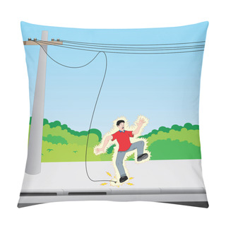 Personality  Illustration Depicting A Young Man Receiving An Electric Discharge On Exposed Electric Wire. Ideal For Catalogs, Information And Safety And Institutional Material Pillow Covers