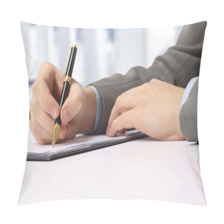 Personality  Close-up Of Business Person Hand With Pen Over Document Pillow Covers