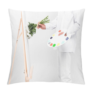 Personality  Close Up Of Male Artist In Total White Drawing On Easel With Flowers Pillow Covers