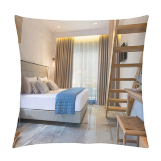 Personality  Modern Nautical Style Interior Of Hotel Apartment White Bedroom With Pine Wood Ladder, Handmade Wooden Furniture, Grey Soft Textile Double Bed Pillow Covers