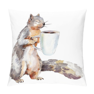 Personality  Watercolor Illustration Of Squirrel With Cup Of Coffee, Isolated On White Background Pillow Covers
