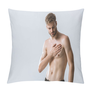 Personality  Shirtless Bearded Man With Chest Pain Isolated On Grey Pillow Covers
