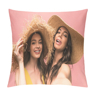 Personality  Two Smiling Girls In Straw Hats Taking Selfie Isolated On Pink Pillow Covers