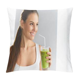 Personality  Diet. Healthy Eating Woman Drinking Juice. Lifestyle, Food. Nutrition Drinks. Pillow Covers