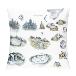 Personality  Mountain Landscape, Drawn In One Line. Continuous Line. Travels. Minimalistic Graphics. Mountains And Spruce. Set Of Illustrations. Pillow Covers