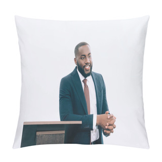 Personality  Handsome Smiling African American Businessman Talking During Seminar In Conference Hall Pillow Covers