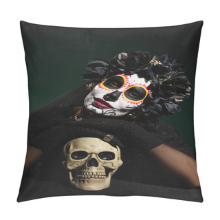 Personality  Woman In Black Wreath And Day Of Death Costume Looking At Camera Near Skull On Dark Green Background  Pillow Covers