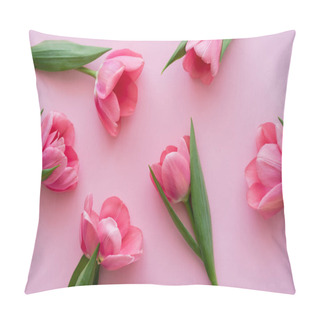 Personality  Top View Of Blossoming Tulips With Green Leaves On Pink Pillow Covers
