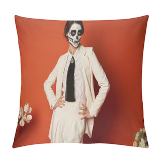 Personality  Woman In Skeleton Makeup And White Suit Posing With Hands On Hips Near Flowers On Red, Day Of Dead Pillow Covers