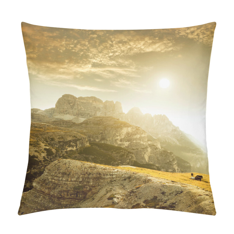 Personality  Sunrise Horses Are Grazing On Rocks Pillow Covers