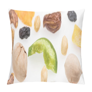 Personality  Close Up View Of Tasty Assorted Nuts, Dried Fruits And Candied Fruit Isolated On White, Panoramic Shot Pillow Covers