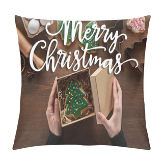 Personality  Cropped View Of Woman Closing Gift Box With Christmas Tree Cookie On Wooden Table With Merry Christmas Illustration Pillow Covers