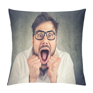 Personality  Close-up Of Young Man In Glasses With Mouth Opened Thrilled To Scream With Surprise And Looking At Camera On Gray Background Pillow Covers