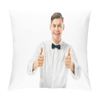 Personality  Happy Handsome Groom Showing Thumbs Up And Looking At Camera Isolated On White Pillow Covers