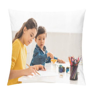 Personality  Selective Focus Of Cute Boy Looking At Sister Drawing With Pencil Pillow Covers